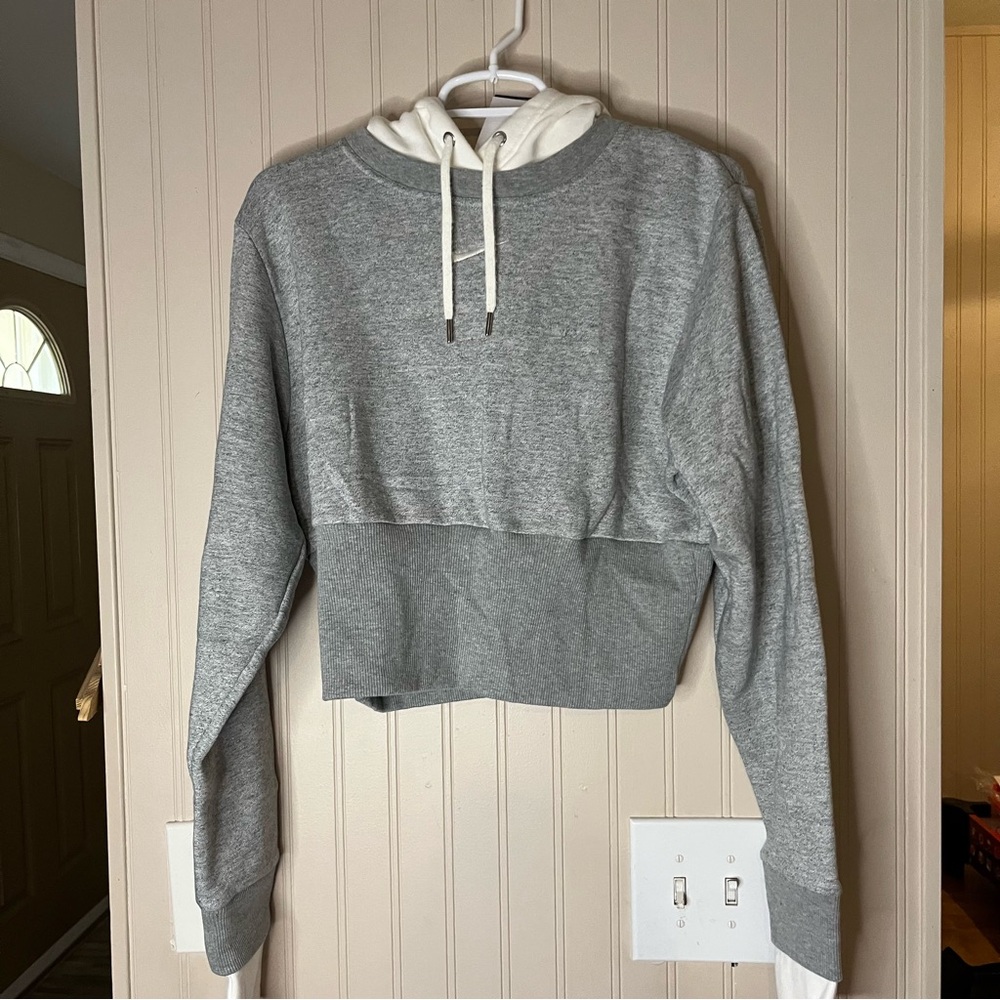 NIKE Grey Off White cropped hoodie Logo Sweatshirt Long Sleeve Women's S